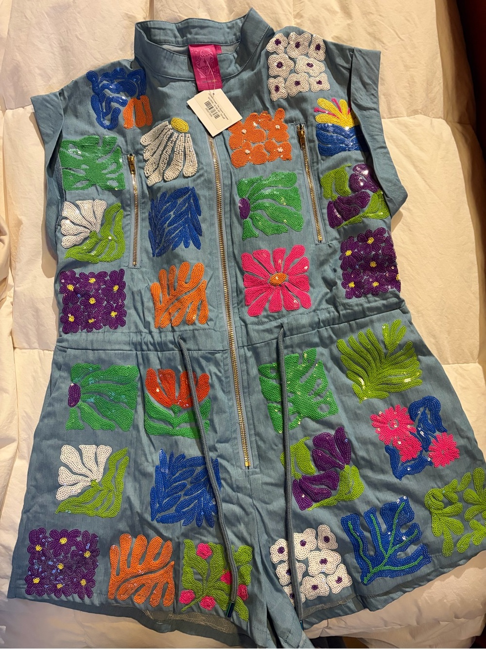 QUEEN OF SPARKLES Light Blue Embroidered Floral Romper